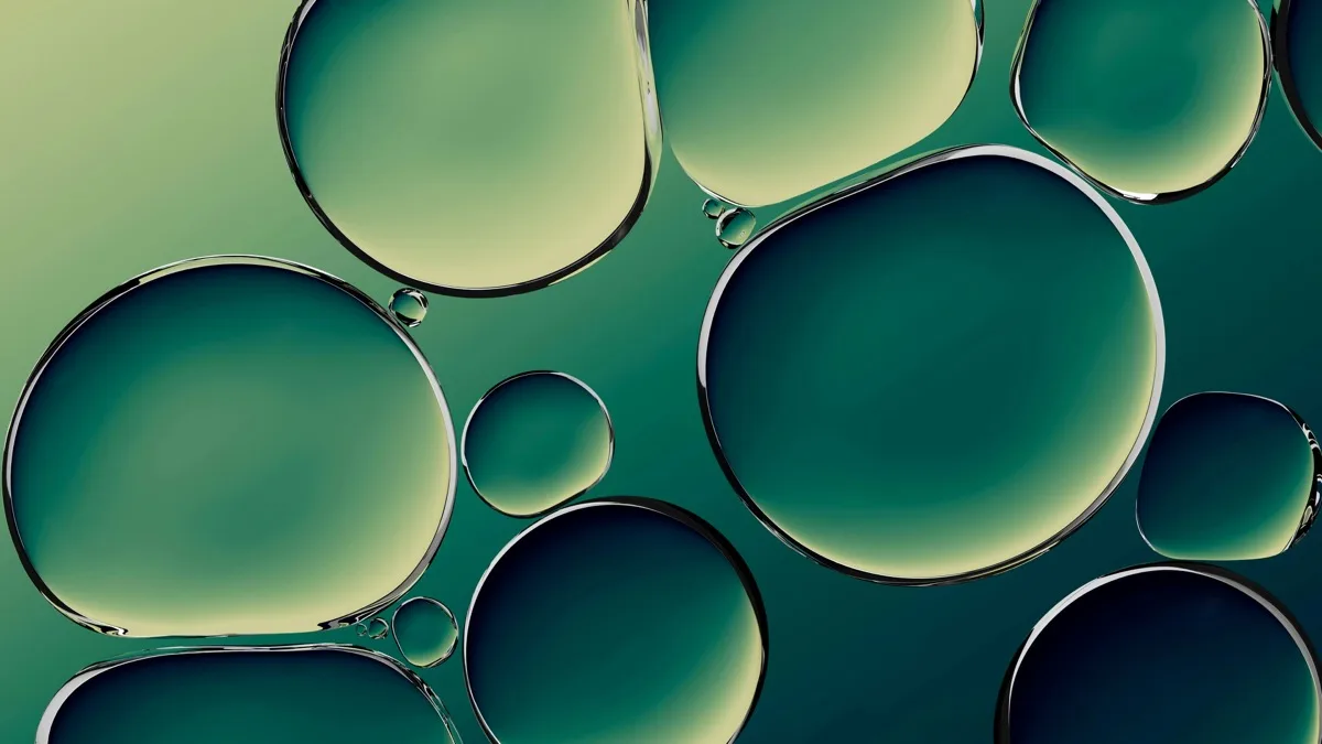Macro of compound formulation droplets in teal
